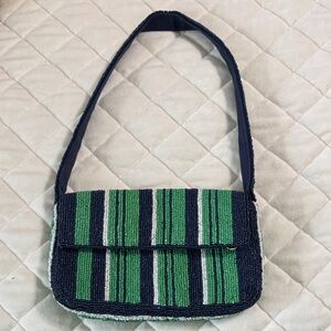 Anthropology Striped Green and Blue beaded Shoulder Bag